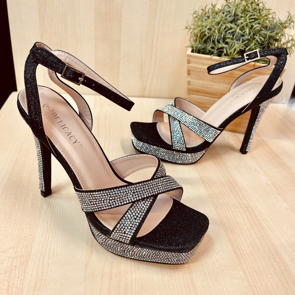 Black squared toe Rhinestone Heels